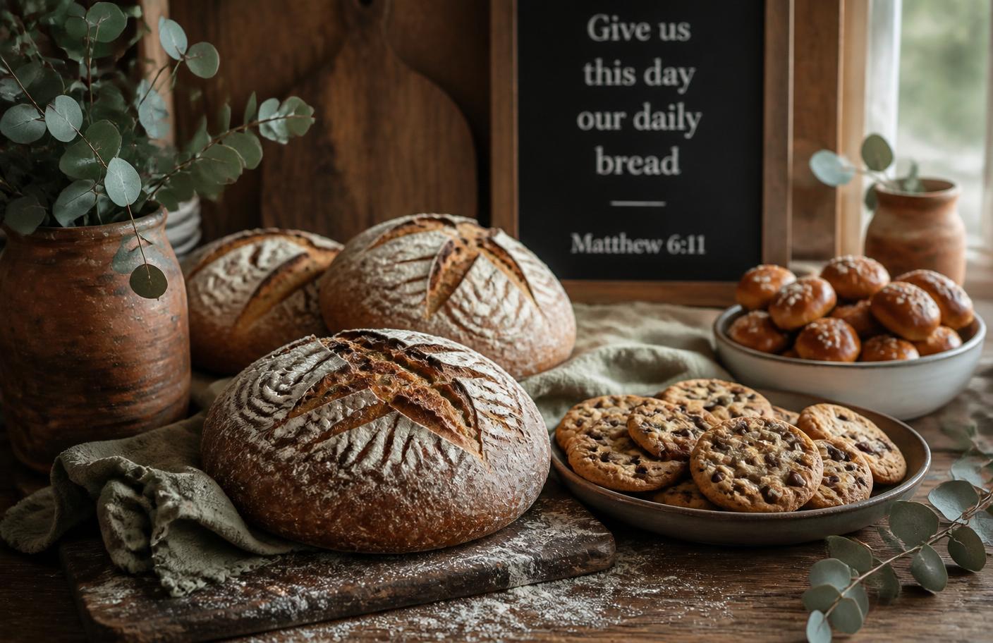 Rustic display of sourdough bread, chocolate chip cookies, and pretzel bits at Lifted by Grace Bakery